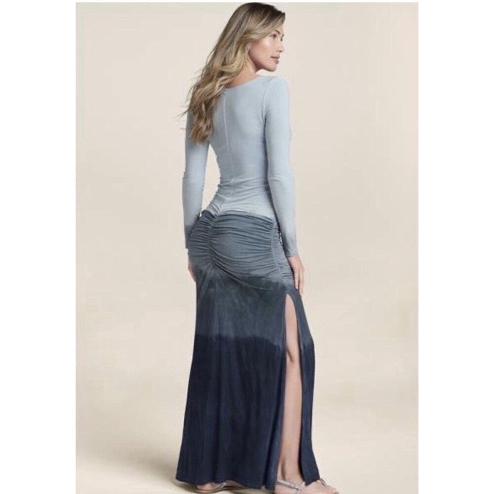 VENUS Blue Ombre Maxi Dress Medium Lace-Up Neck Long Sleeve Ruched Boho - Picture 2 of 9